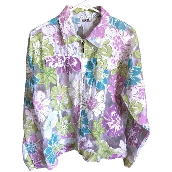 Kenneth too Jacket semi sheer floral Women’s Size 1X zip front purple green - Picture 2 of 6
